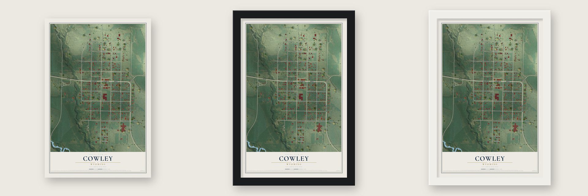 Cowley, Wyoming map unframed, in a black wood frame and in a white wood frame
