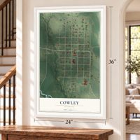 Cowley, Wyoming map, 24 x 36 inch print in a white frame by a staircase