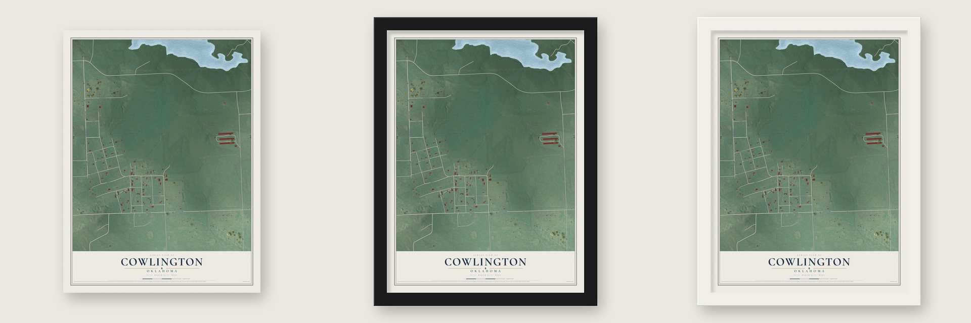 Cowlington, Oklahoma map unframed, in a black wood frame and in a white wood frame