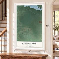 Cowlington, Oklahoma map, 24 x 36 inch print in a white frame by a staircase