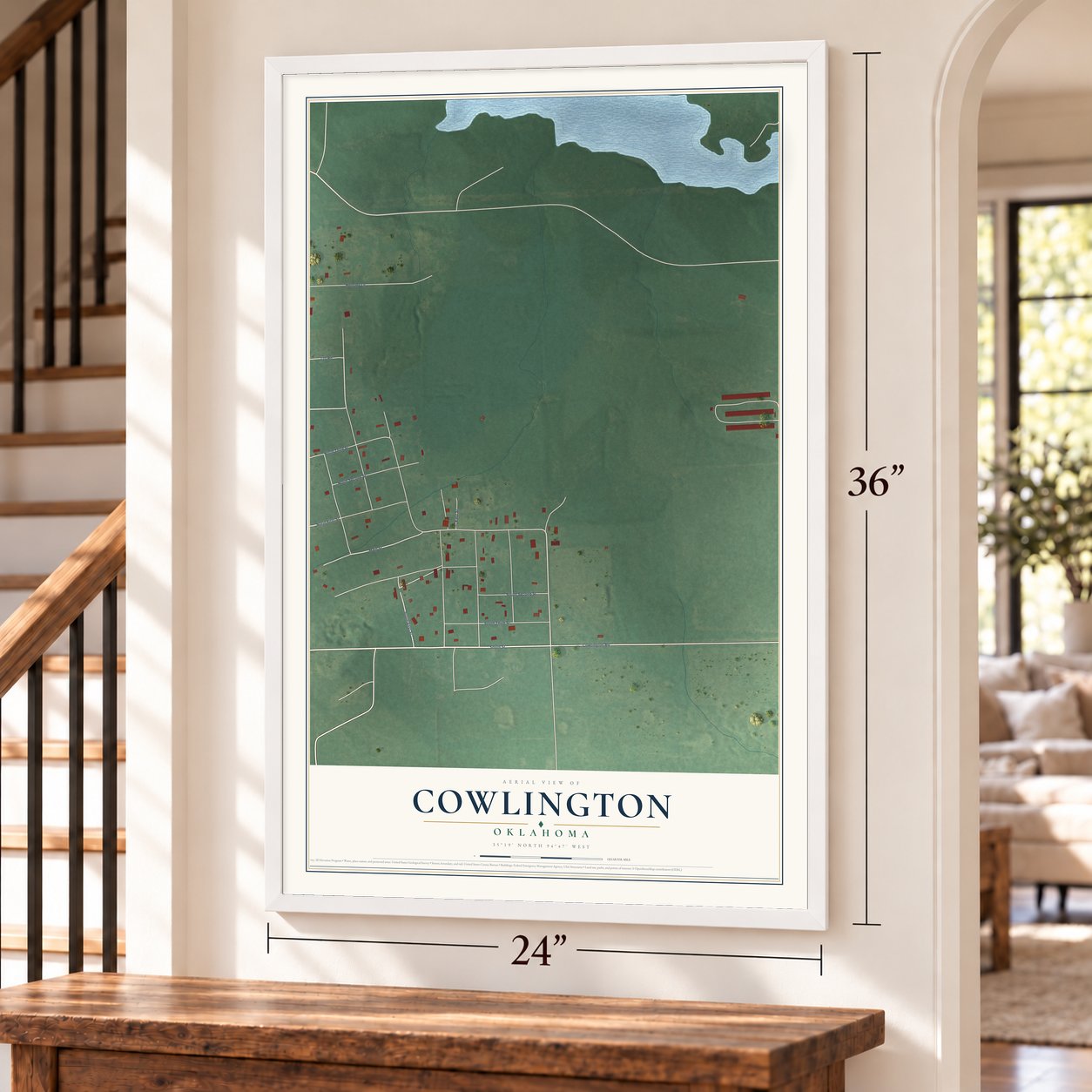 Cowlington, Oklahoma map, 24 x 36 inch print in a white frame by a staircase