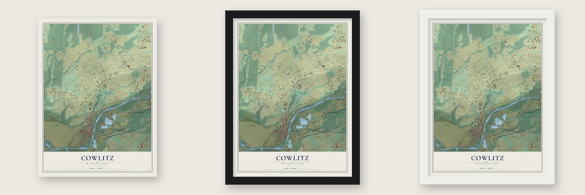 Cowlitz, Washington map unframed, in a black wood frame and in a white wood frame