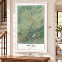 Cowlitz, Washington map, 24 x 36 inch print in a white frame by a staircase