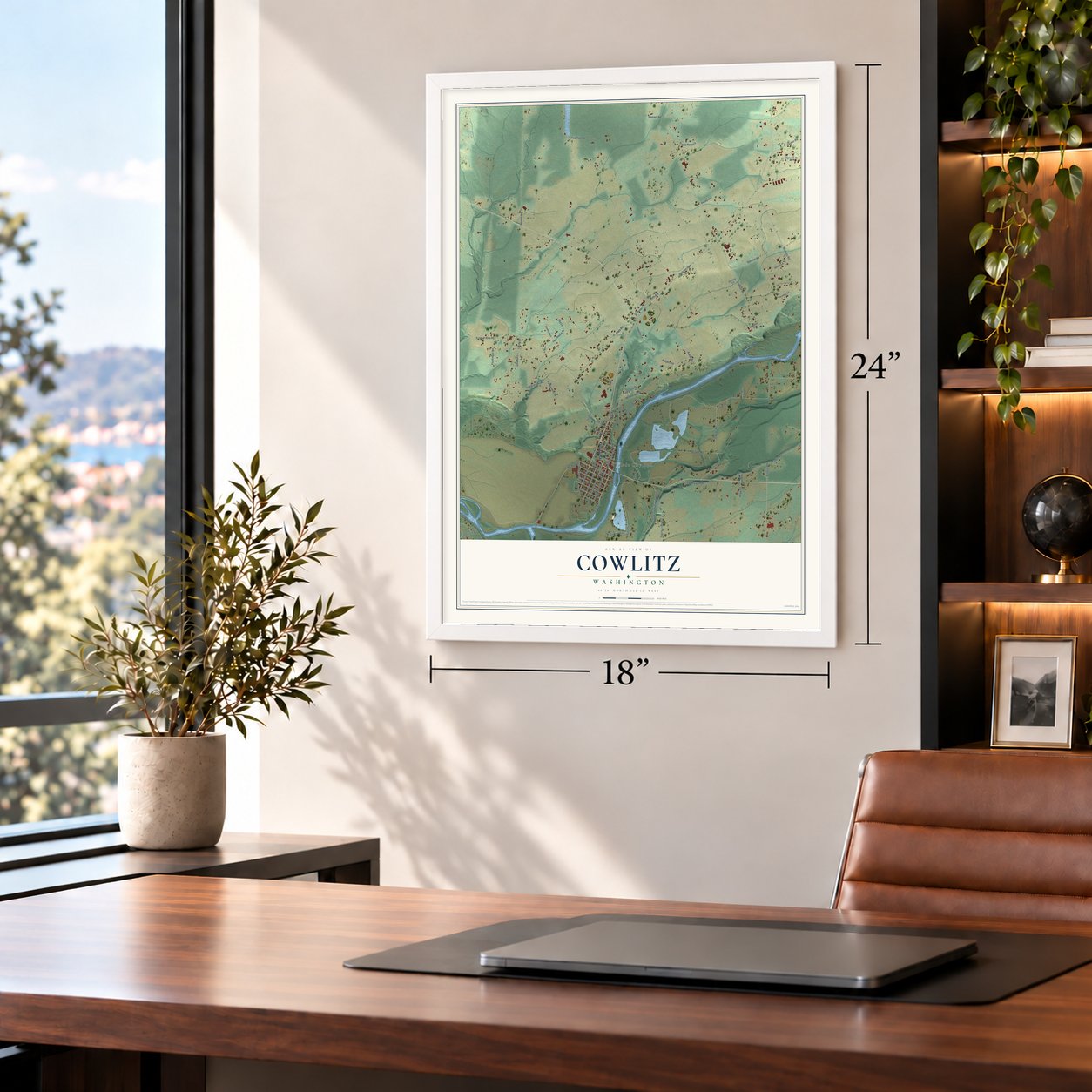 Cowlitz, Washington map, 18 x 24 inch print in a white frame in a home office
