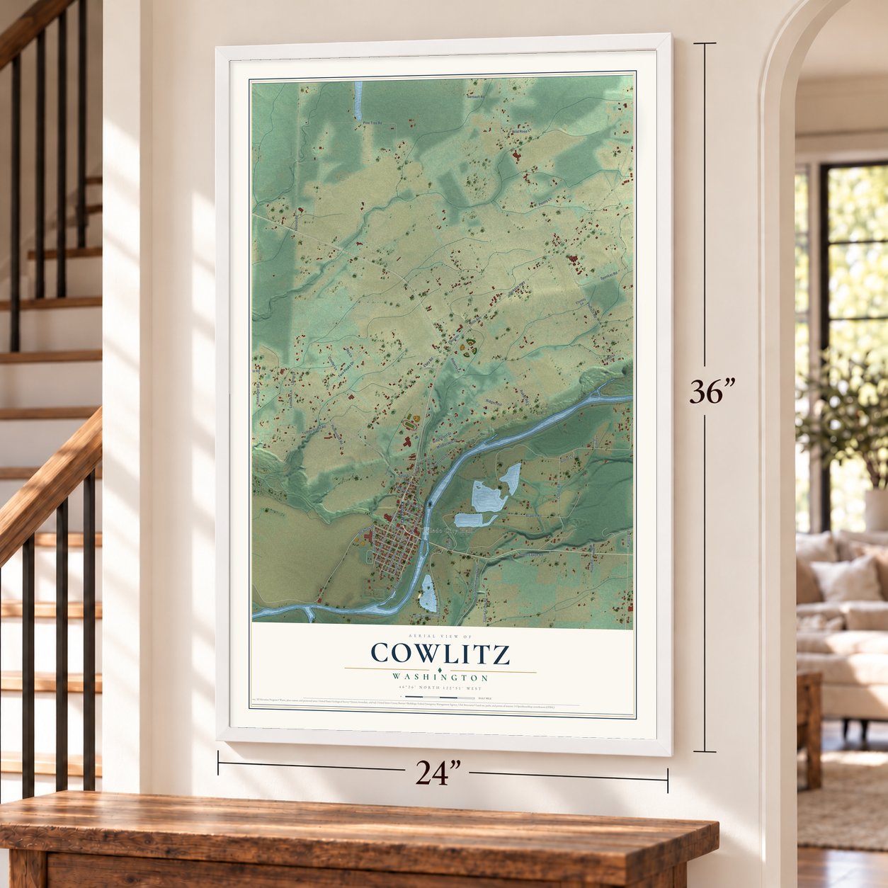 Cowlitz, Washington map, 24 x 36 inch print in a white frame by a staircase