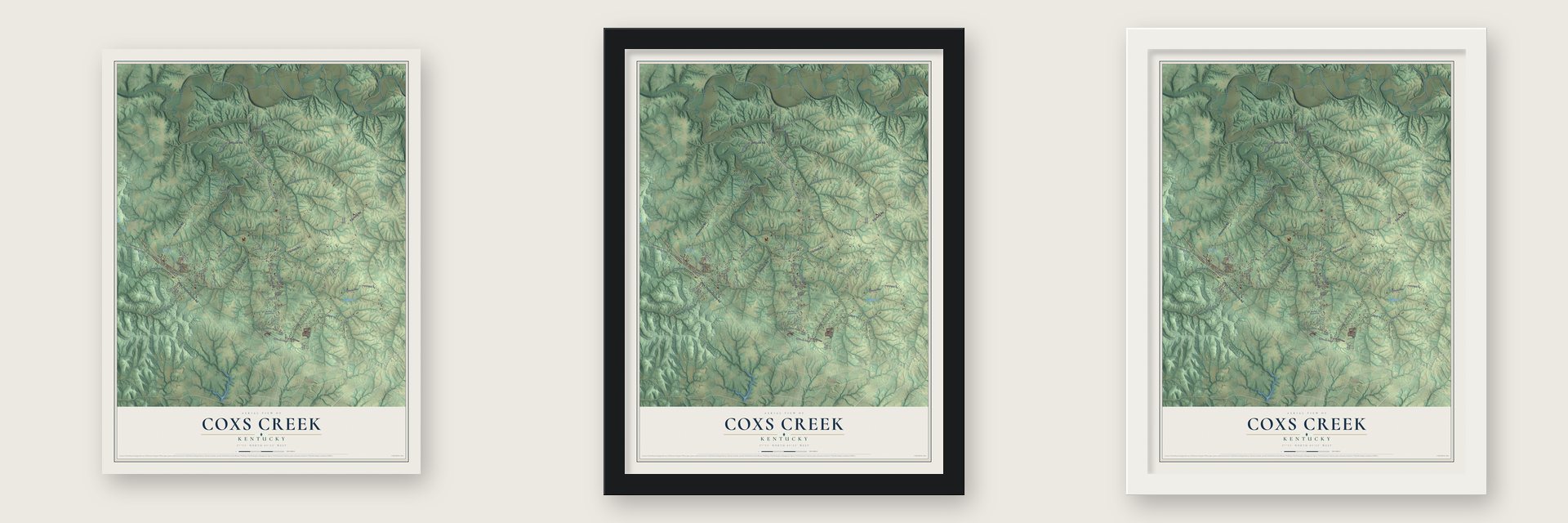Coxs Creek, Kentucky map unframed, in a black wood frame and in a white wood frame