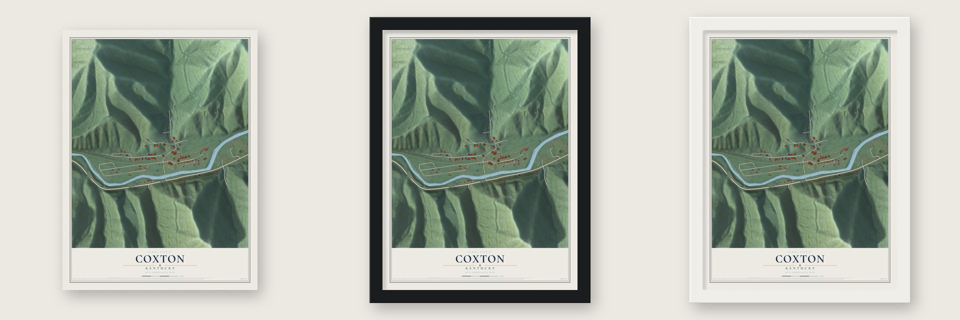 Coxton, Kentucky map unframed, in a black wood frame and in a white wood frame