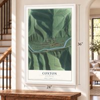 Coxton, Kentucky map, 24 x 36 inch print in a white frame by a staircase