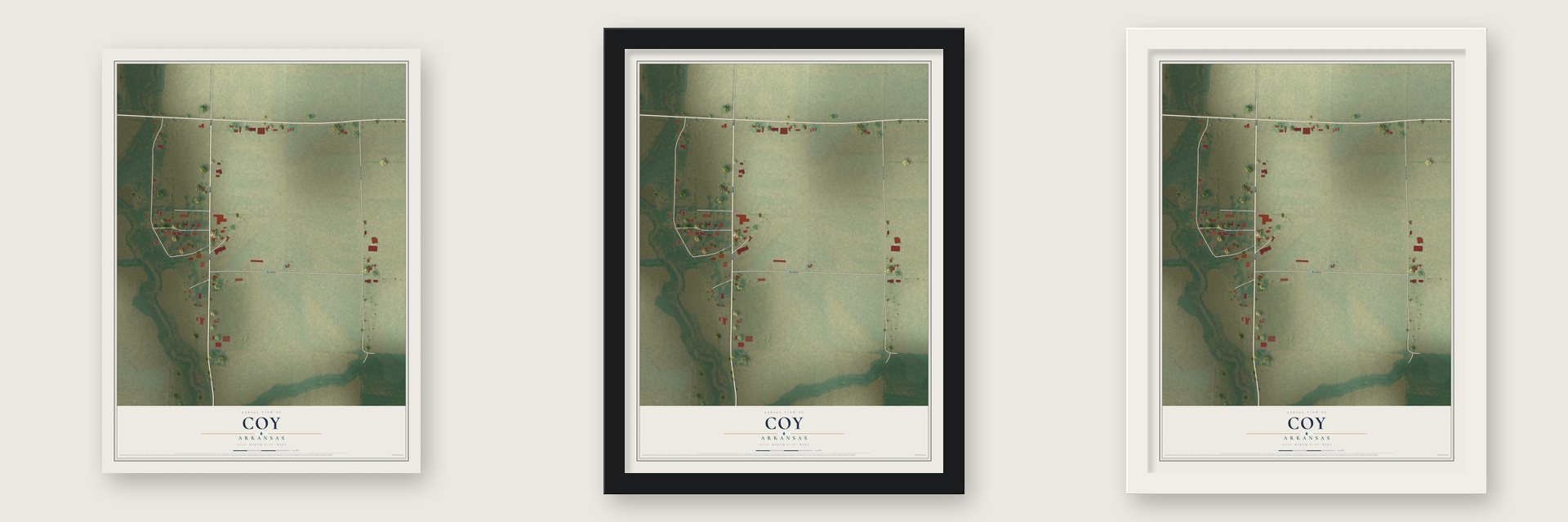 Coy, Arkansas map unframed, in a black wood frame and in a white wood frame