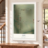 Coy, Arkansas map, 24 x 36 inch print in a white frame by a staircase