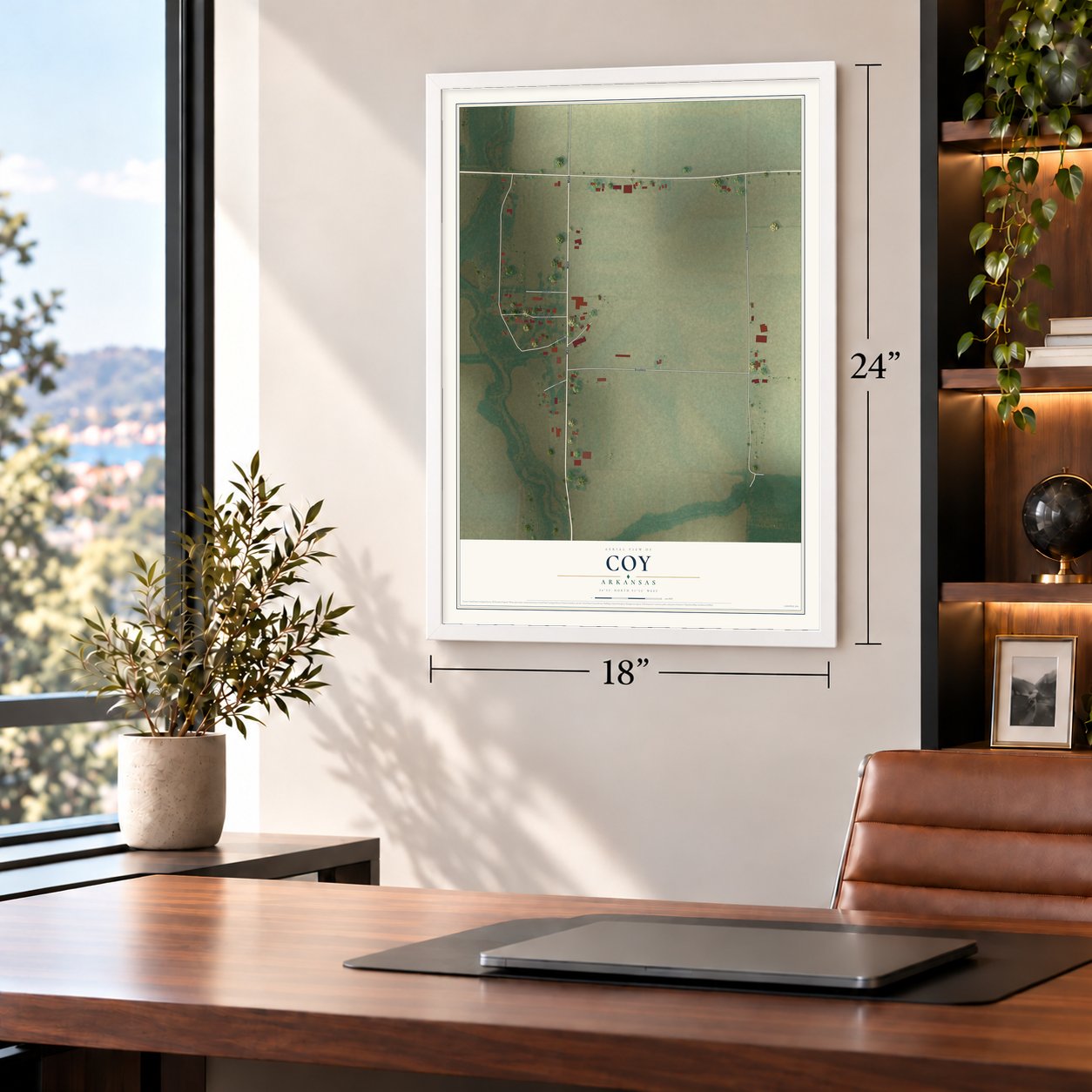 Coy, Arkansas map, 18 x 24 inch print in a white frame in a home office