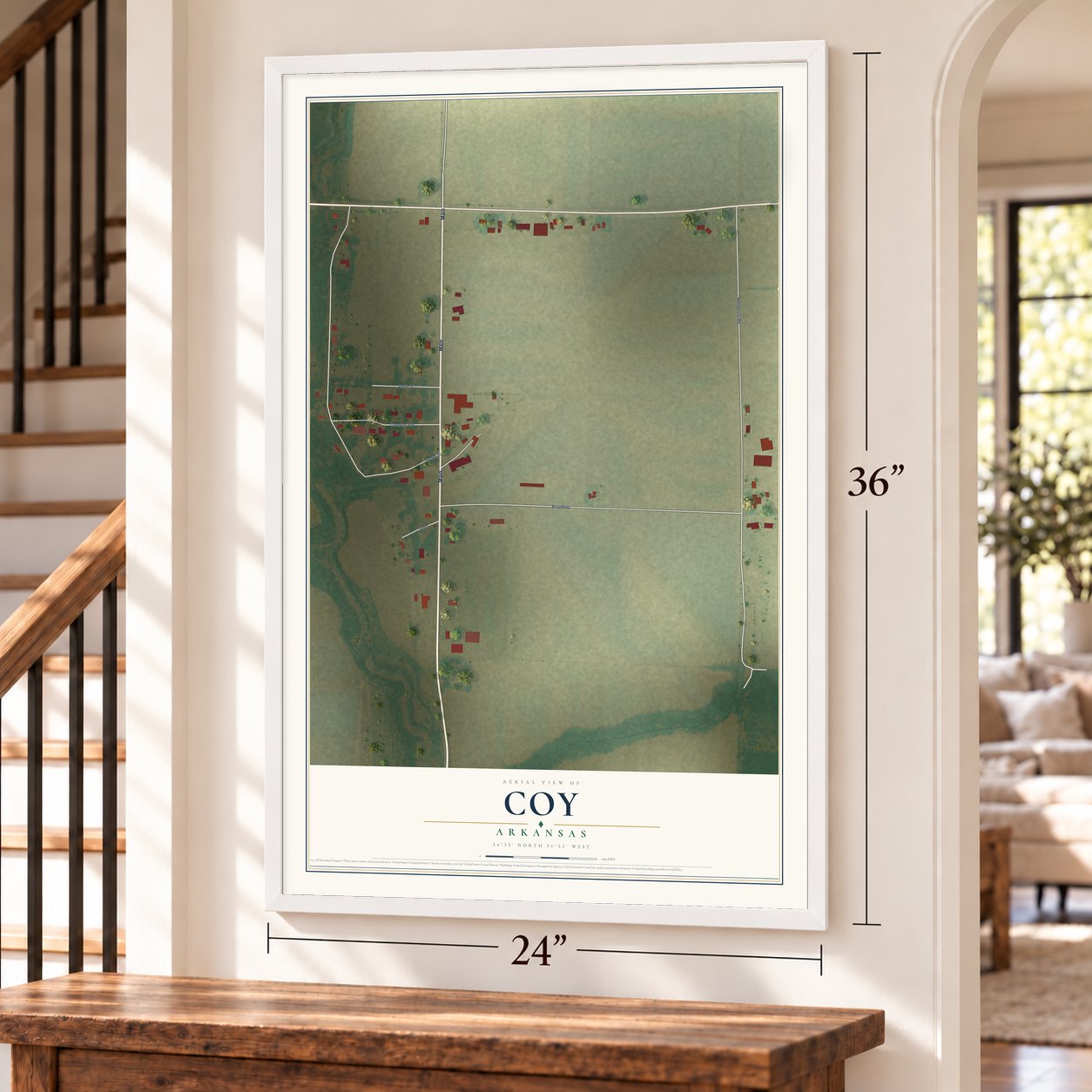 Coy, Arkansas map, 24 x 36 inch print in a white frame by a staircase