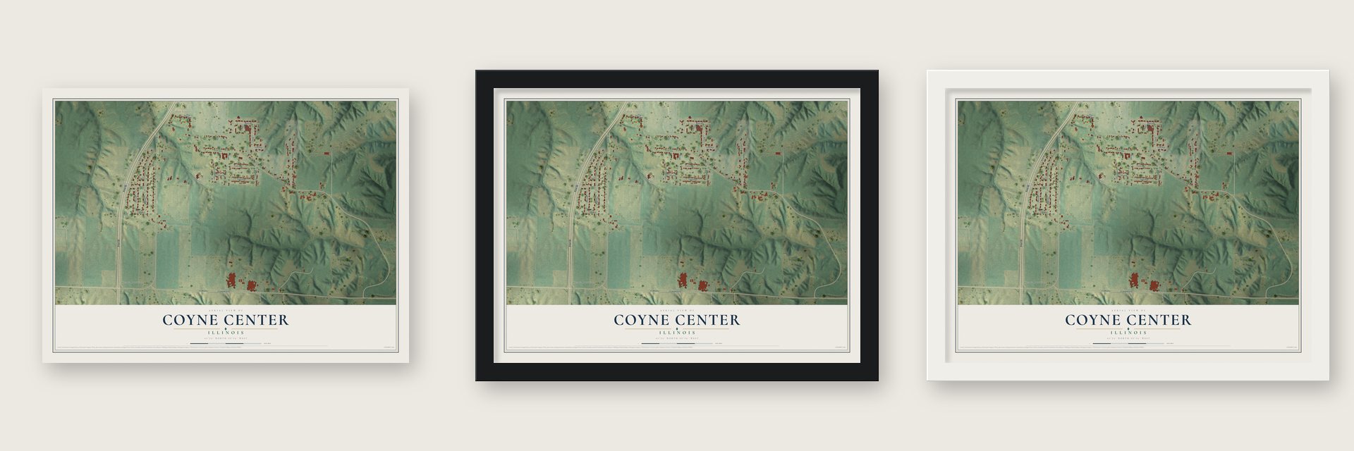 Coyne Center, Illinois map unframed, in a black wood frame and in a white wood frame