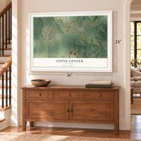 Coyne Center, Illinois map, 24 x 36 inch print in a white frame above a dresser by a staircase