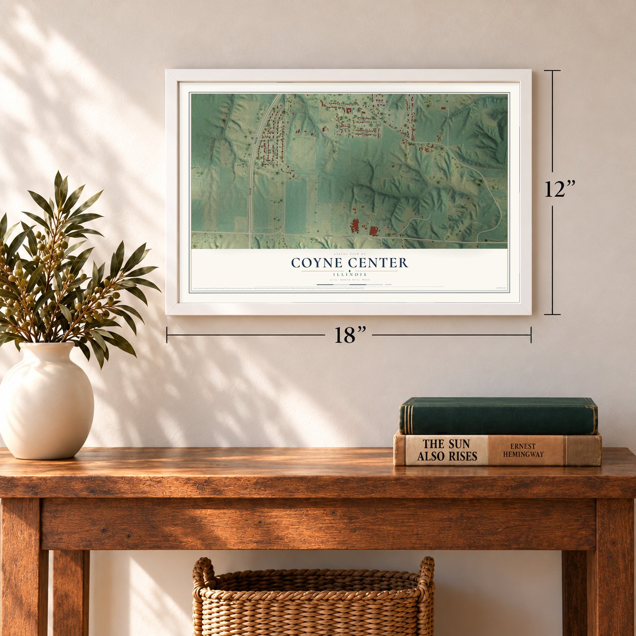 Coyne Center, Illinois map, 12 x 18 inch print in a white frame in an entryway