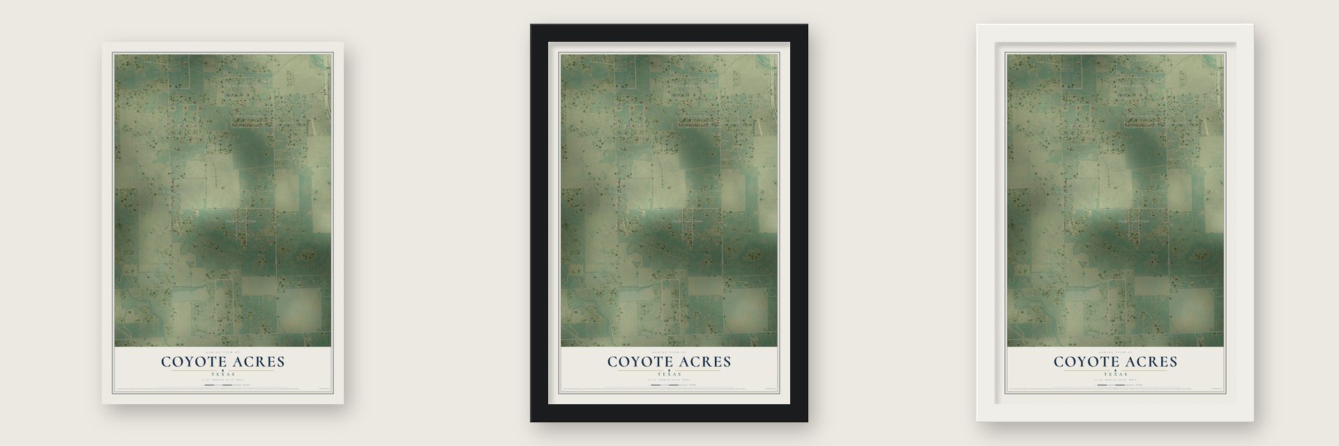 Coyote Acres, Texas map unframed, in a black wood frame and in a white wood frame