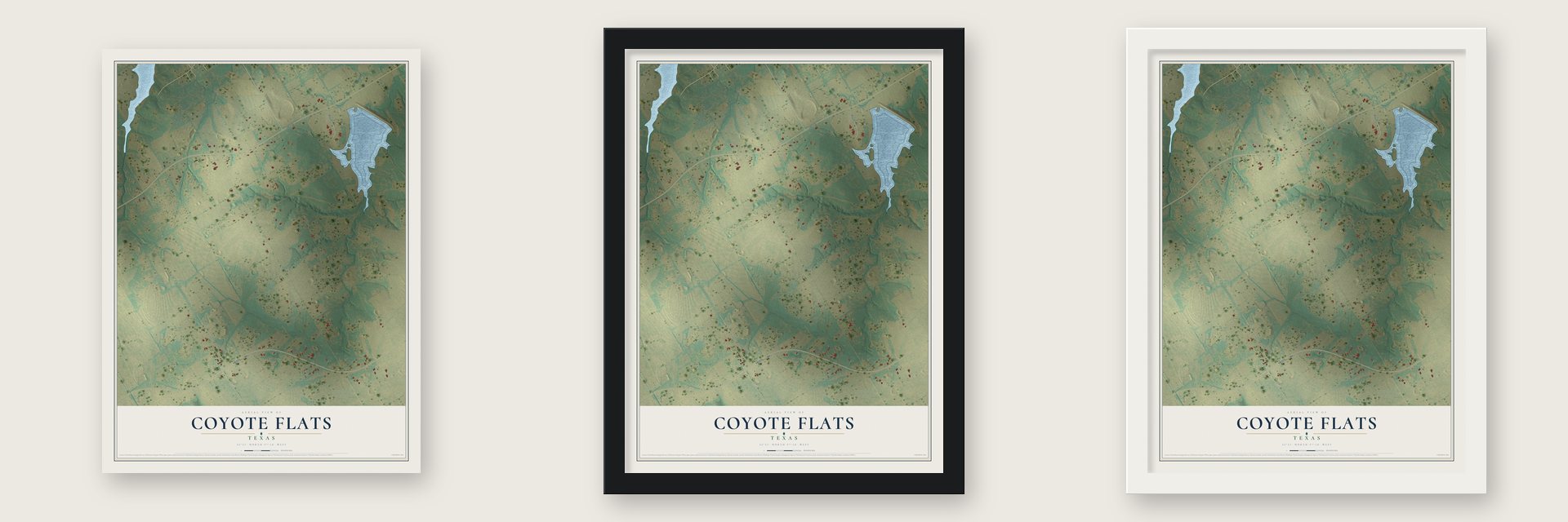 Coyote Flats, Texas map unframed, in a black wood frame and in a white wood frame