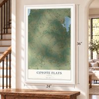 Coyote Flats, Texas map, 24 x 36 inch print in a white frame by a staircase