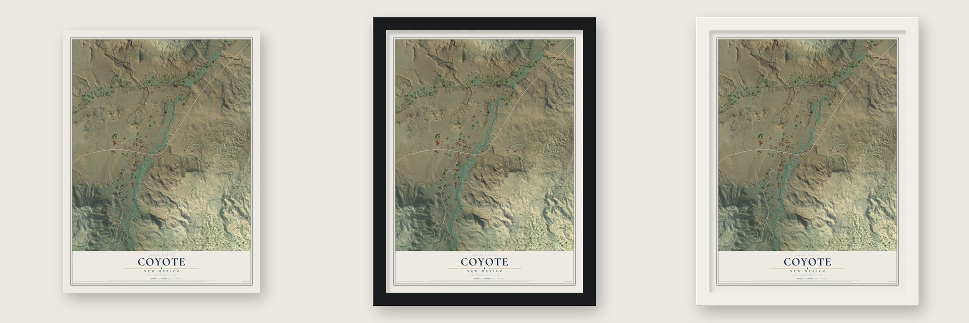 Coyote, New Mexico map unframed, in a black wood frame and in a white wood frame