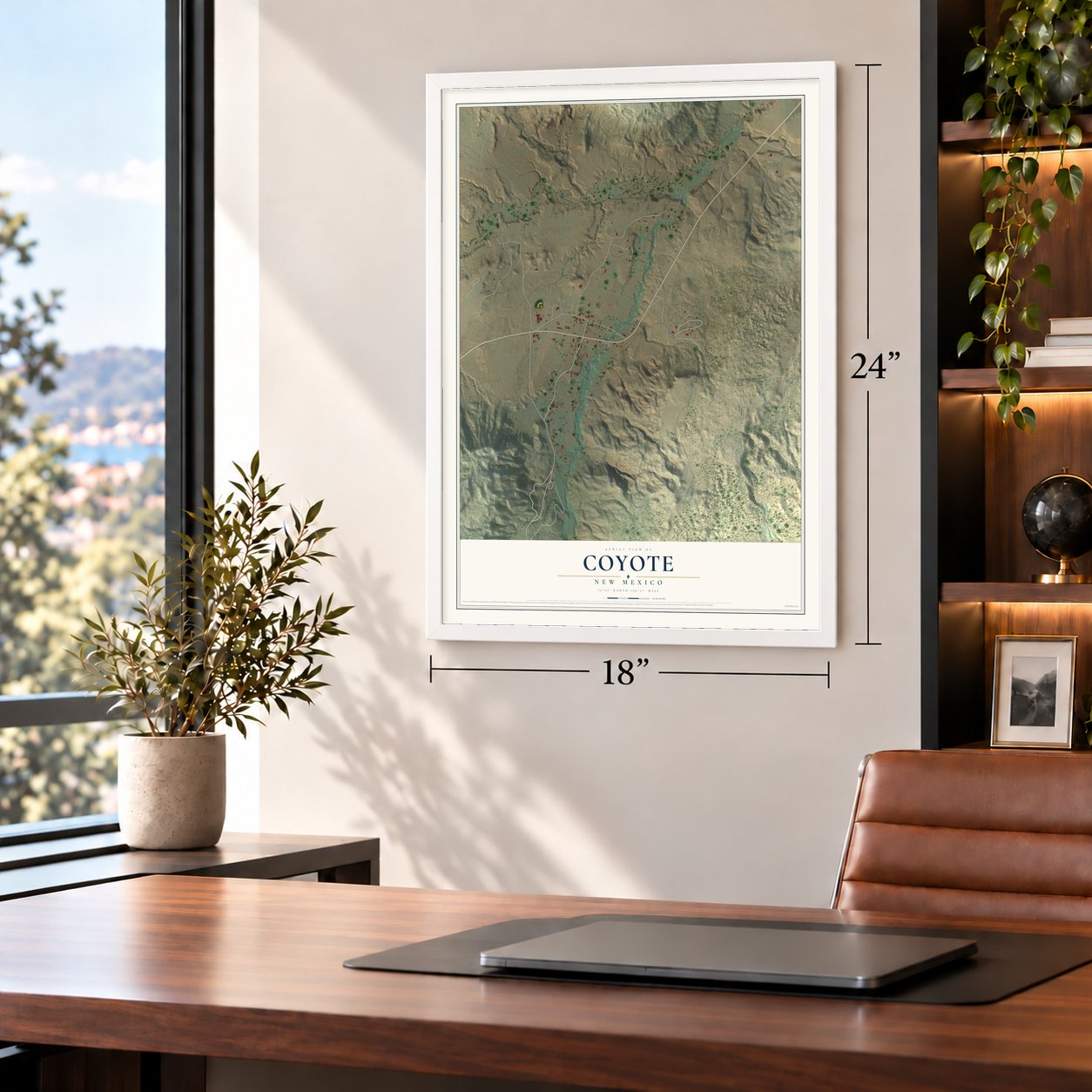 Coyote, New Mexico map, 18 x 24 inch print in a white frame in a home office