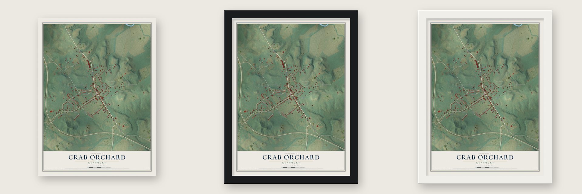 Crab Orchard, Kentucky map unframed, in a black wood frame and in a white wood frame