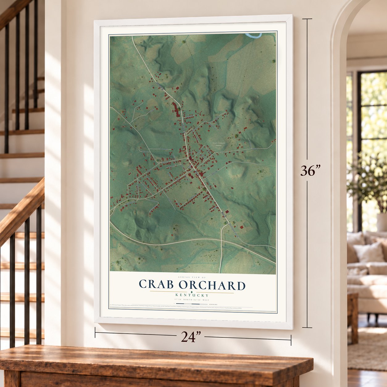 Crab Orchard, Kentucky map, 24 x 36 inch print in a white frame by a staircase