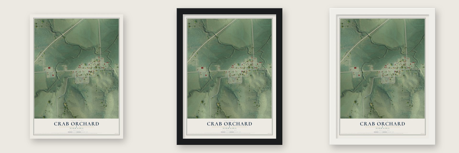 Crab Orchard, Nebraska map unframed, in a black wood frame and in a white wood frame