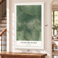 Crab Orchard, Nebraska map, 24 x 36 inch print in a white frame by a staircase