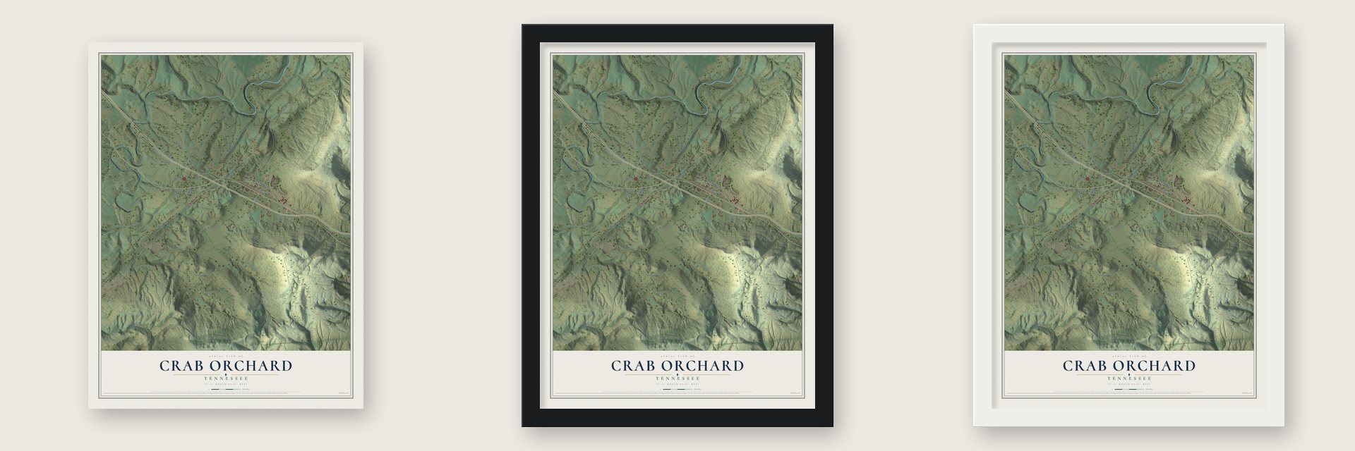 Crab Orchard, Tennessee map unframed, in a black wood frame and in a white wood frame