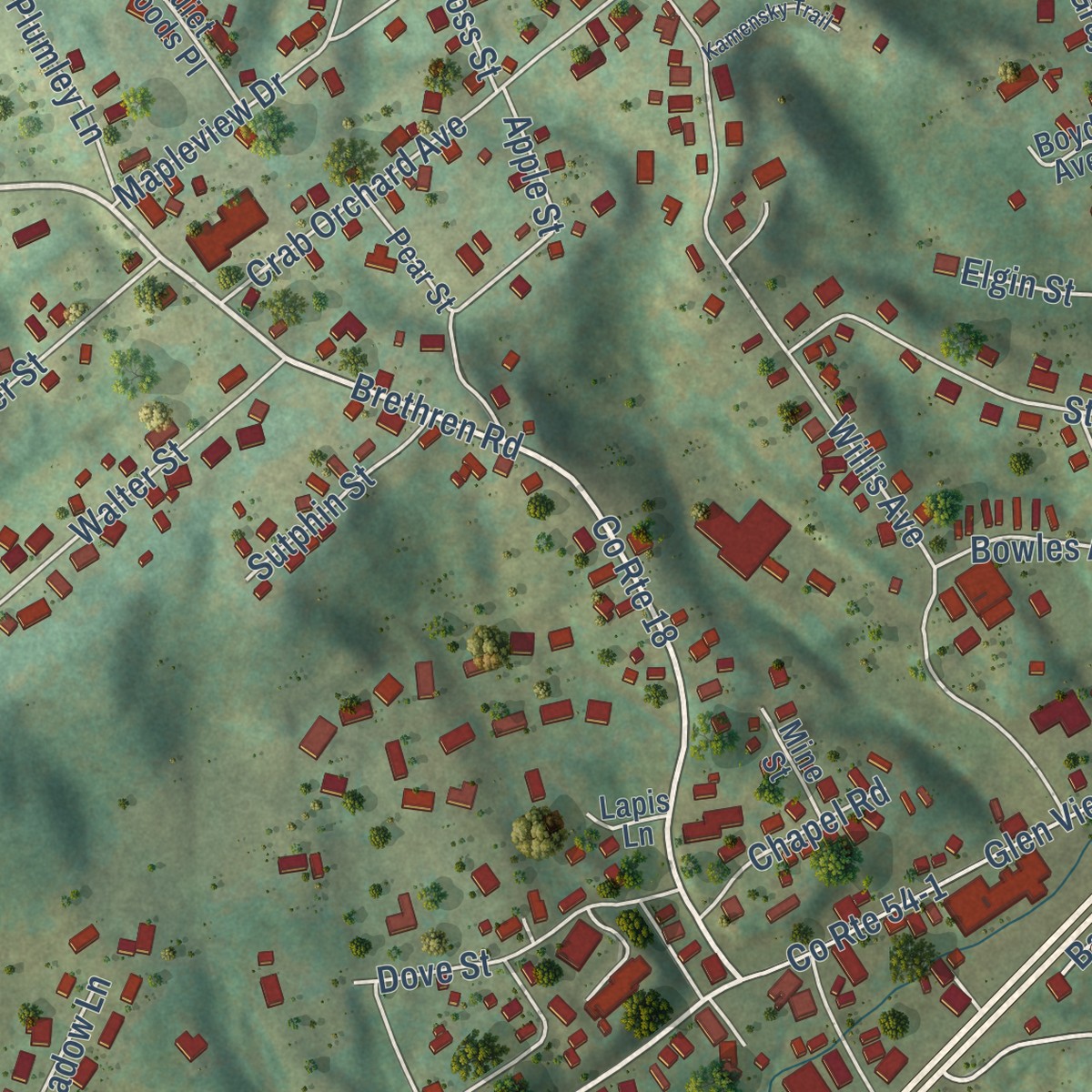 Second close-up of the map of Crab Orchard, West Virginia print showing more streets and buildings