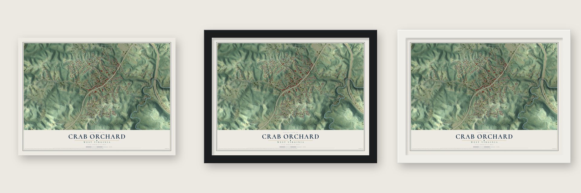 Crab Orchard, West Virginia map unframed, in a black wood frame and in a white wood frame