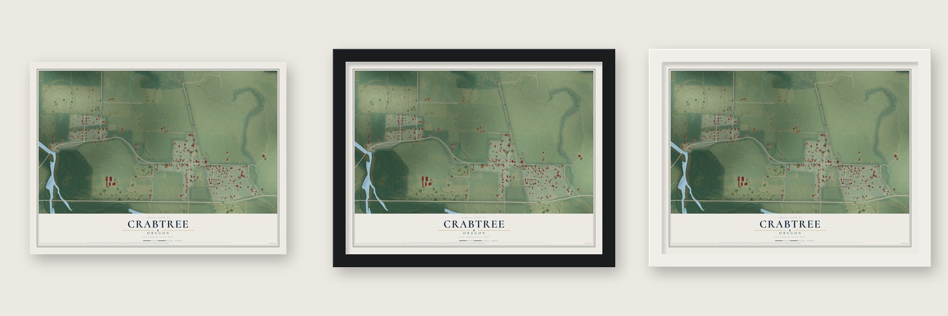 Crabtree, Oregon map unframed, in a black wood frame and in a white wood frame