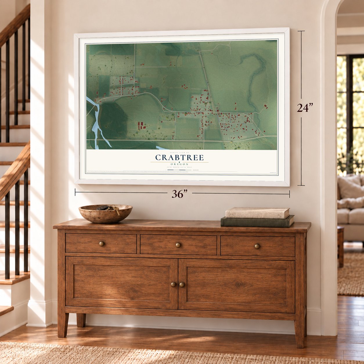 Crabtree, Oregon map, 24 x 36 inch print in a white frame above a dresser by a staircase