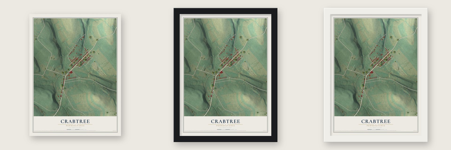 Crabtree, Pennsylvania map unframed, in a black wood frame and in a white wood frame