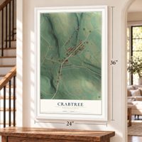 Crabtree, Pennsylvania map, 24 x 36 inch print in a white frame by a staircase