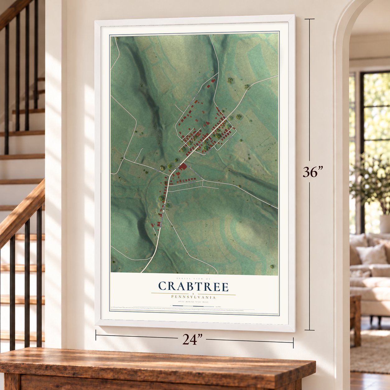 Crabtree, Pennsylvania map, 24 x 36 inch print in a white frame by a staircase