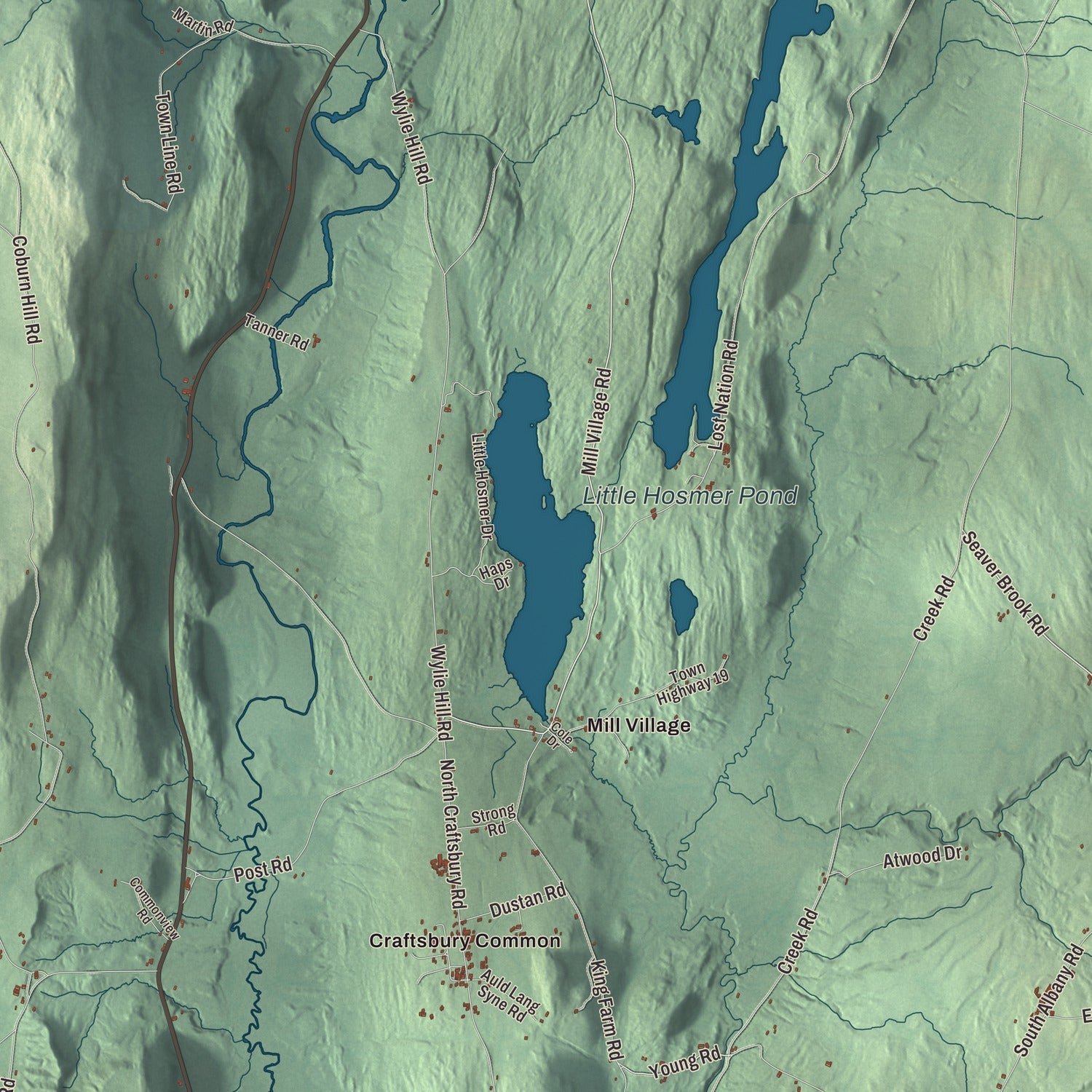 Close-up of the map of Craftsbury, Vermont print showing terrain and local geography
