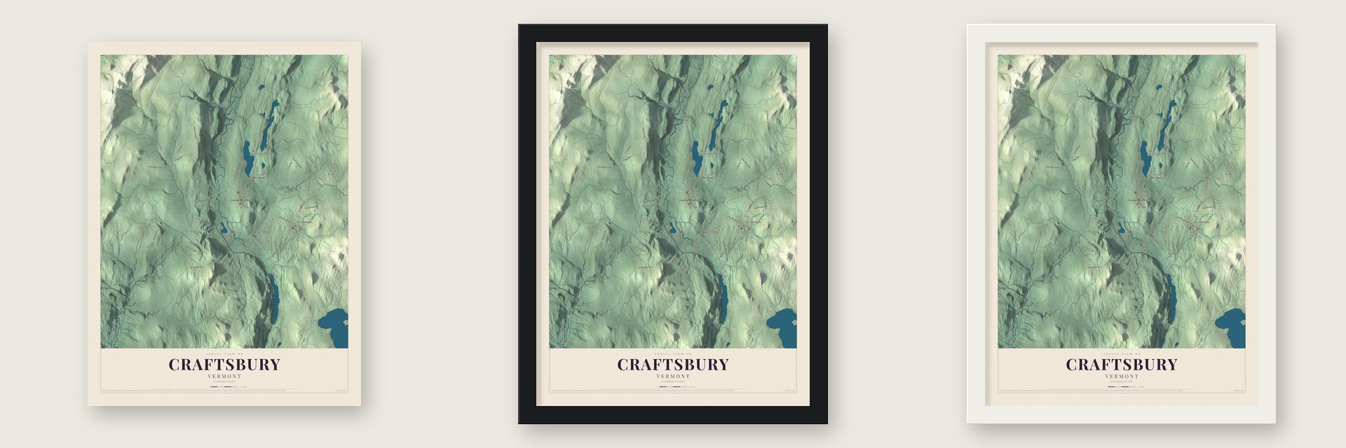 Craftsbury, Vermont map unframed, in a black wood frame and in a white wood frame