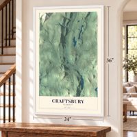 Craftsbury, Vermont map, 24 x 36 inch print in a white frame by a staircase