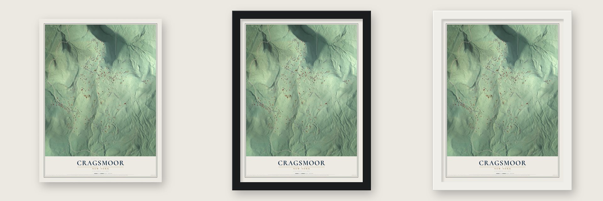Cragsmoor, New York map unframed, in a black wood frame and in a white wood frame