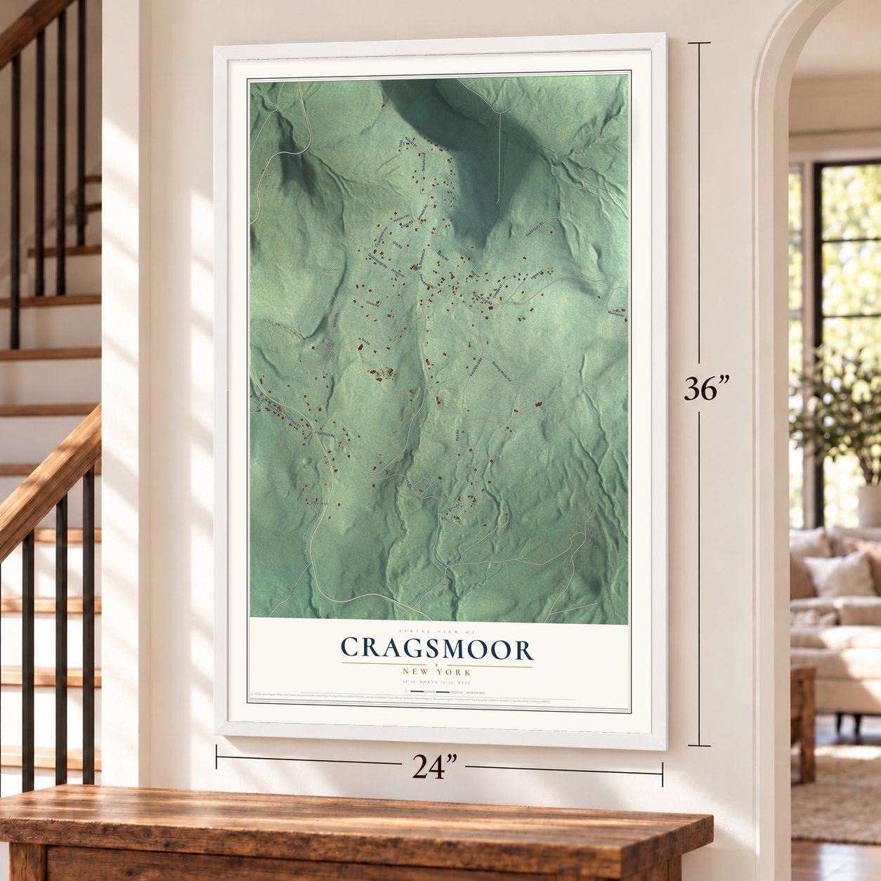Cragsmoor, New York map, 24 x 36 inch print in a white frame by a staircase