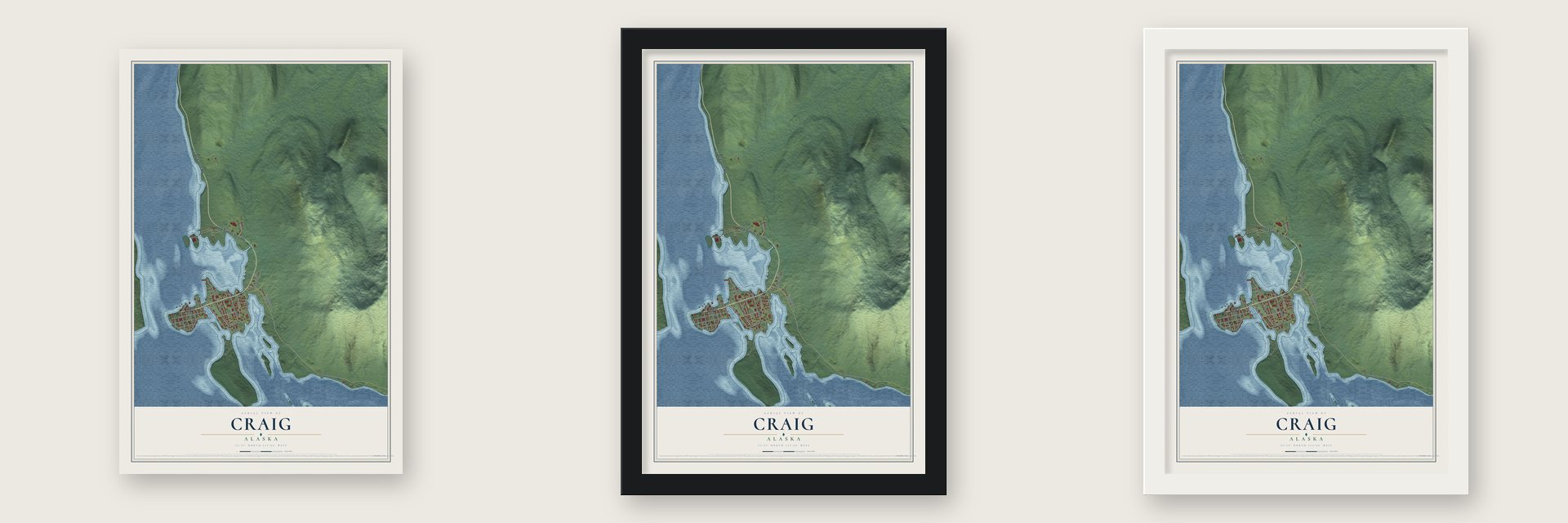 Craig, Alaska map unframed, in a black wood frame and in a white wood frame