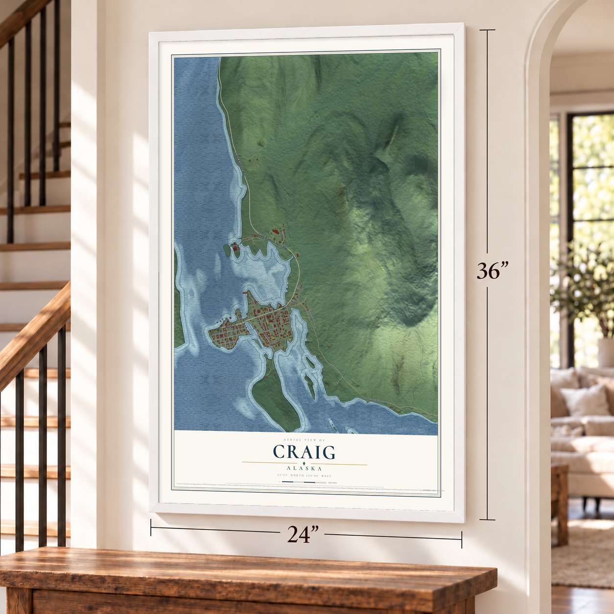 Craig, Alaska map, 24 x 36 inch print in a white frame by a staircase