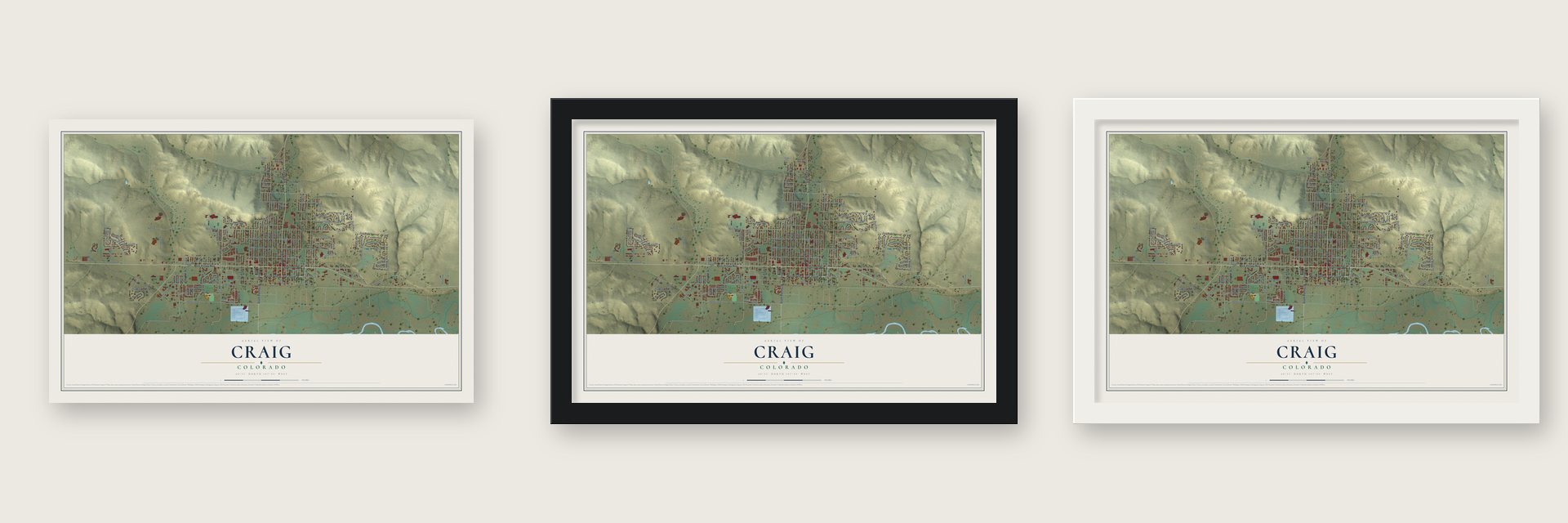 Craig, Colorado map unframed, in a black wood frame and in a white wood frame