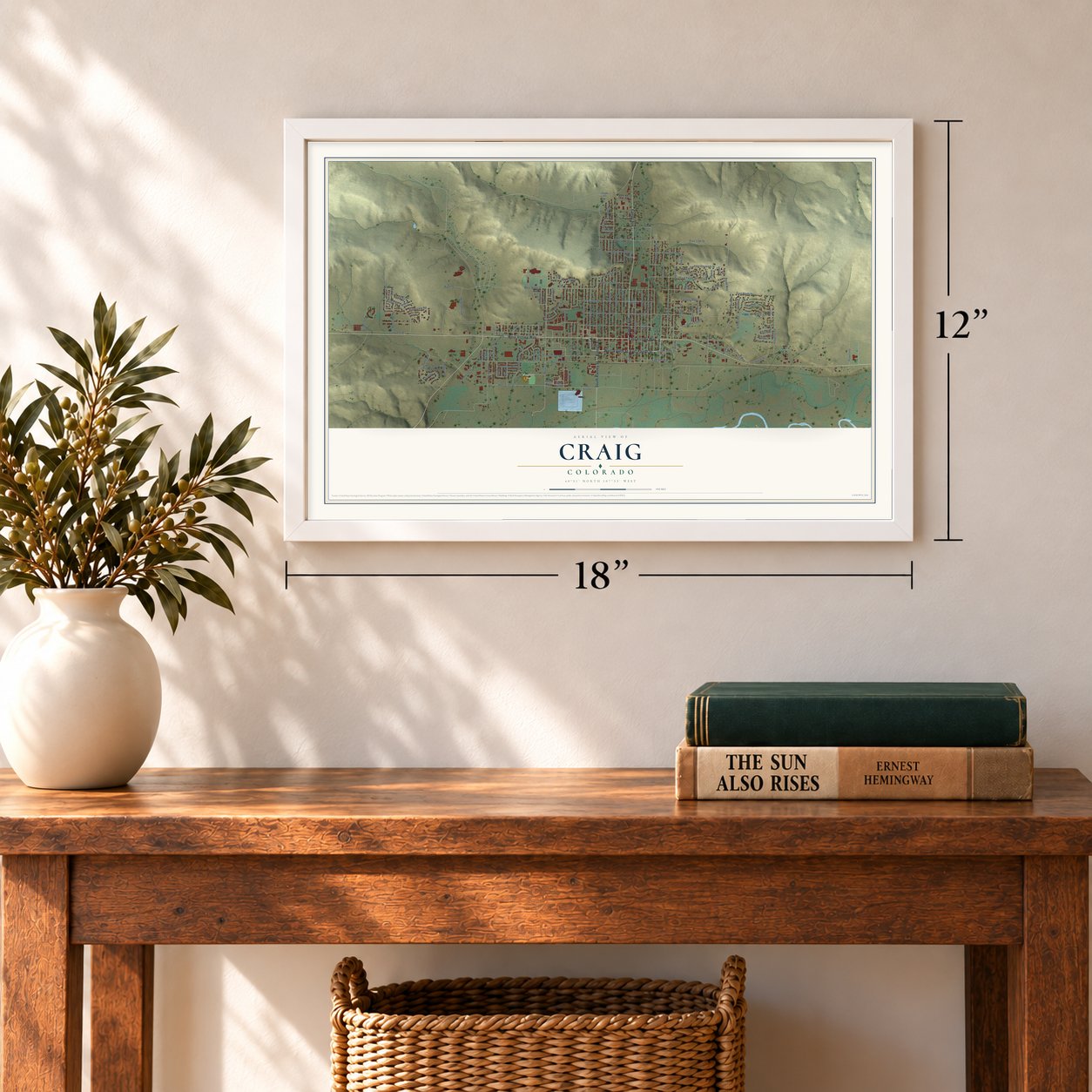 Craig, Colorado map, 12 x 18 inch print in a white frame in an entryway
