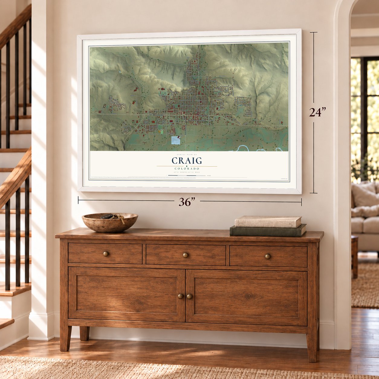 Craig, Colorado map, 24 x 36 inch print in a white frame above a dresser by a staircase