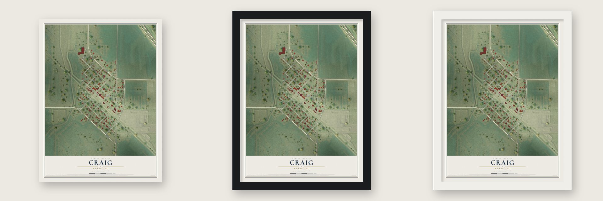 Craig, Missouri map unframed, in a black wood frame and in a white wood frame