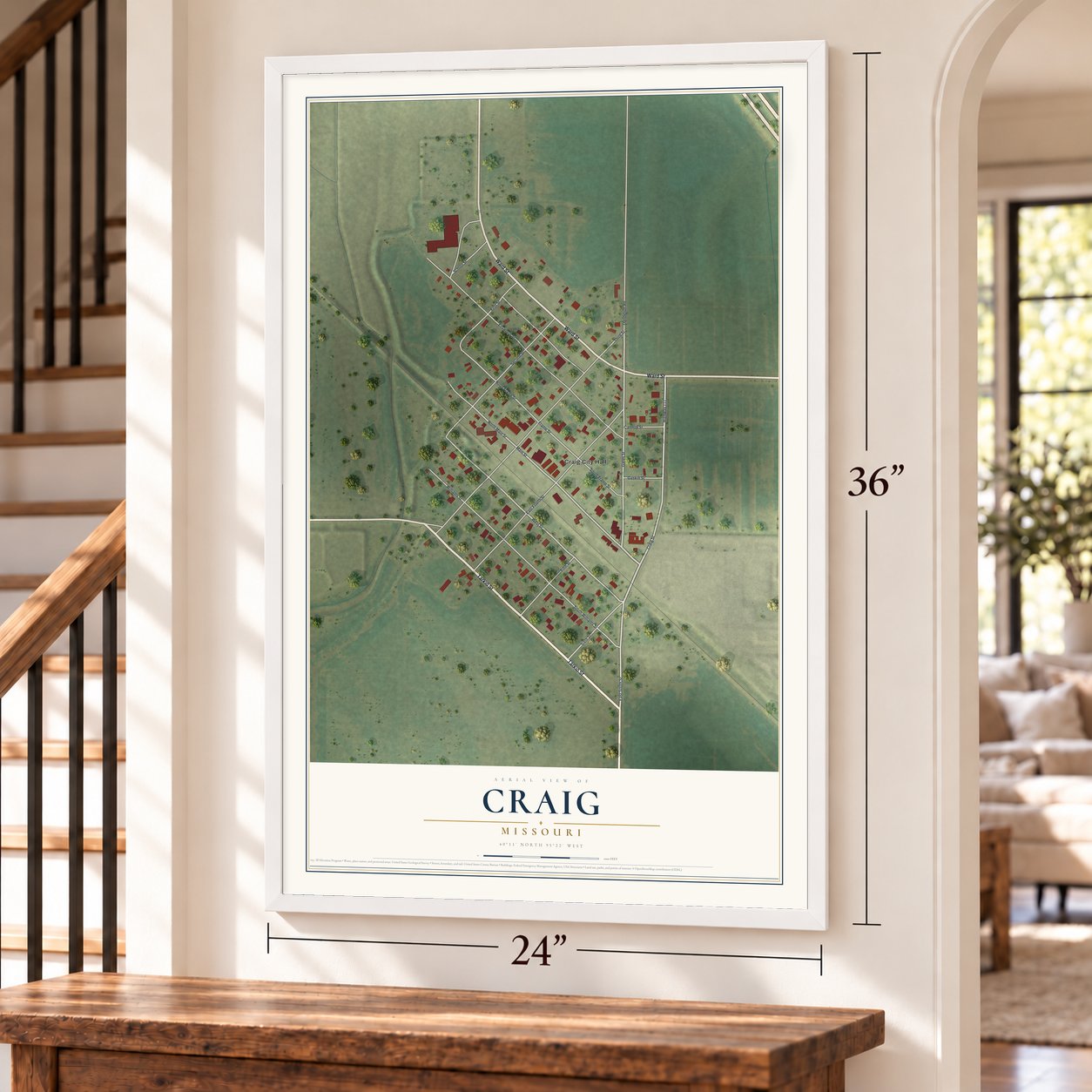 Craig, Missouri map, 24 x 36 inch print in a white frame by a staircase