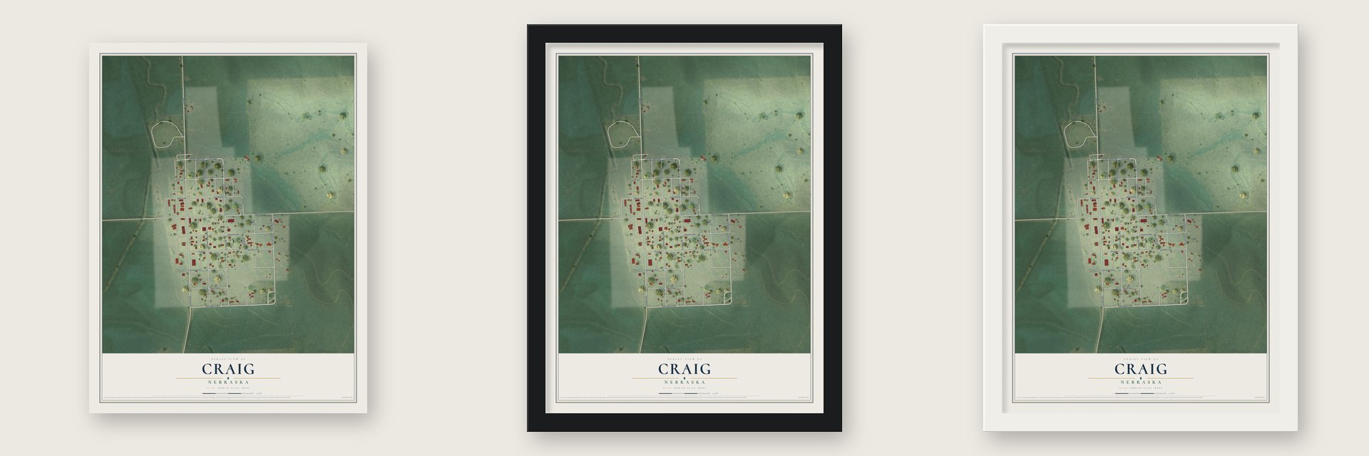 Craig, Nebraska map unframed, in a black wood frame and in a white wood frame