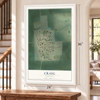 Craig, Nebraska map, 24 x 36 inch print in a white frame by a staircase